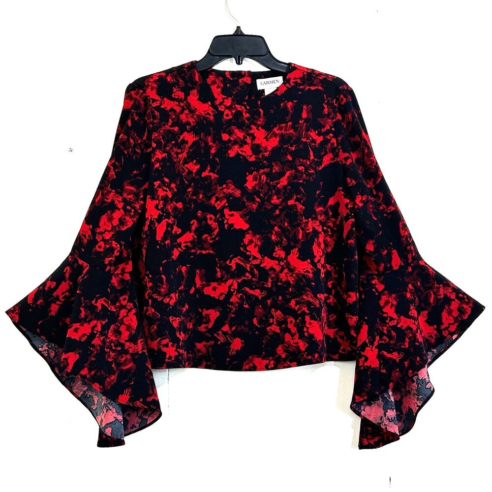 Carmen Marc Valvo Black & Red Floral Long Bell Sleeve Blouse Top Size Small - Picture 1 of 11
